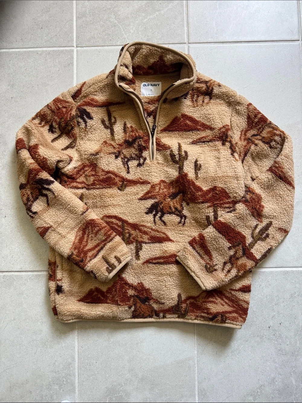 Old Navy Men's Tan Desert-Print Sherpa Quarter-Zip Pullover